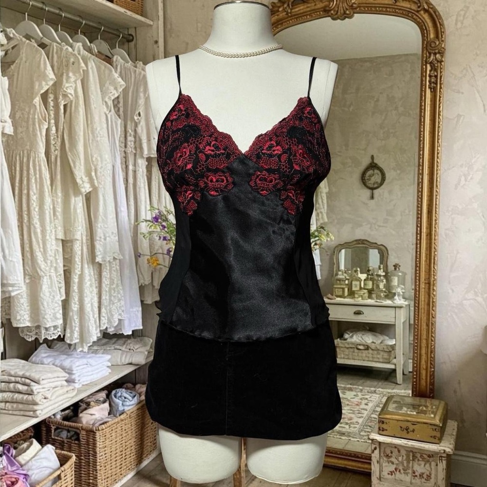 Romantic Black & Red Lace Trim Satin Babydoll Top
